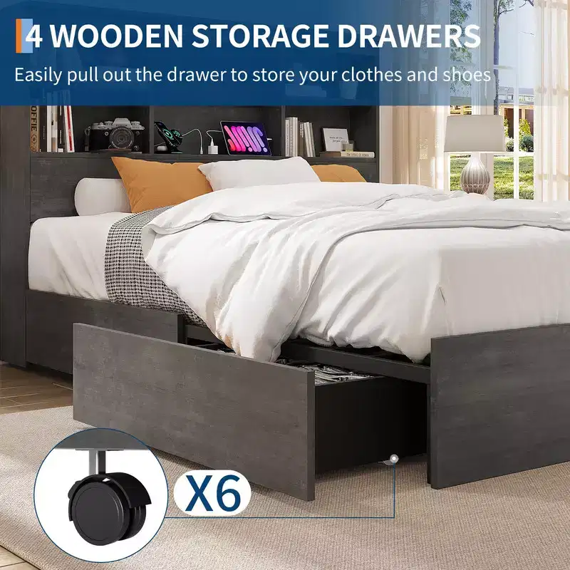 Bed Frame with Bookcase Headboard, 4 Drawers & Built-in Charging Station – No Box Spring Needed