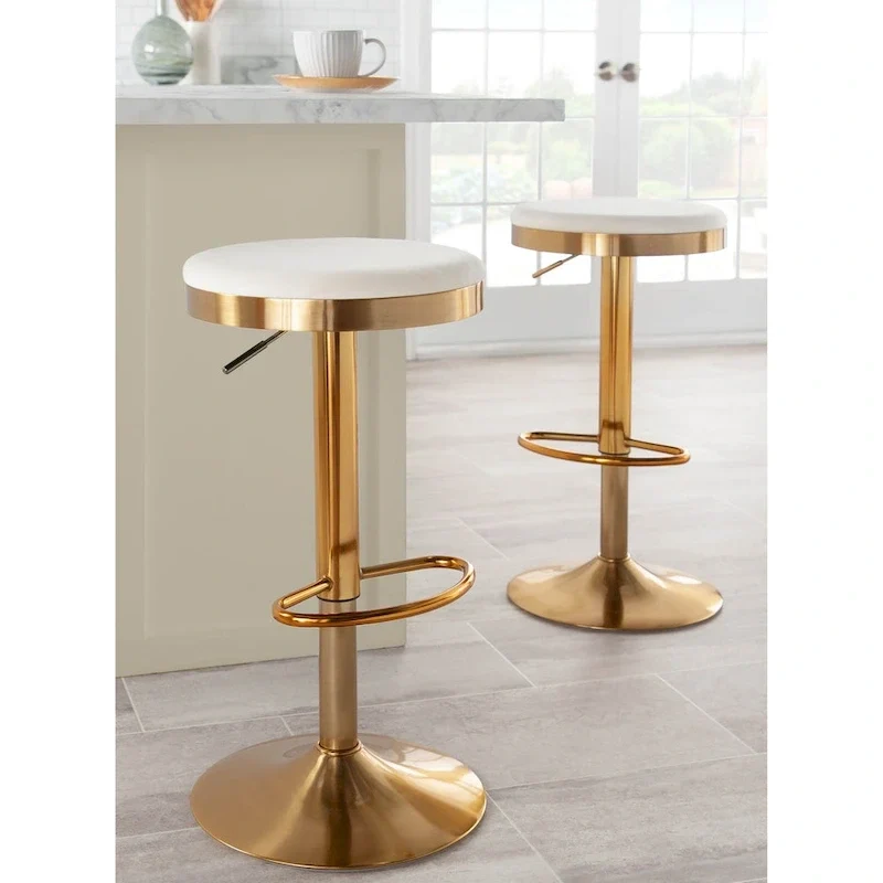 Lumisource Dakota Barstool in Gold Steel and White Leather - Set of 2 - 15Lx15Wx23-31.75H