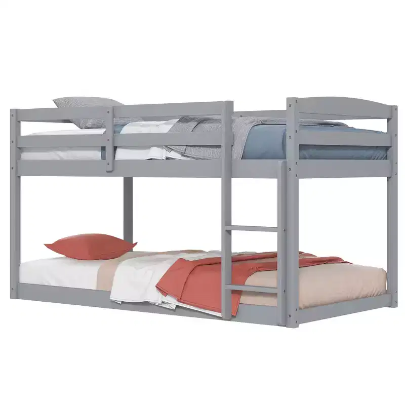 Costway Twin over Twin Low Bunk Bed with Guardrails Integrated Ladder Kids Wooden Grey/White/Beige/Pink