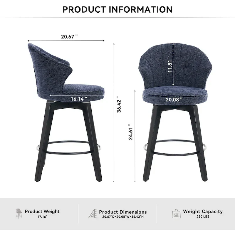 White / Blue / Dark Grey Swivel Bar Stools, Set of 2, Chenille Cushioned Counter Height Chairs with Metal Legs