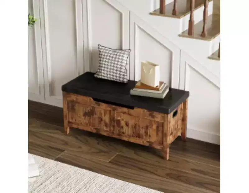 Solid Wood+Wood Panel Storage Ottoman with Solid Wood Legs,