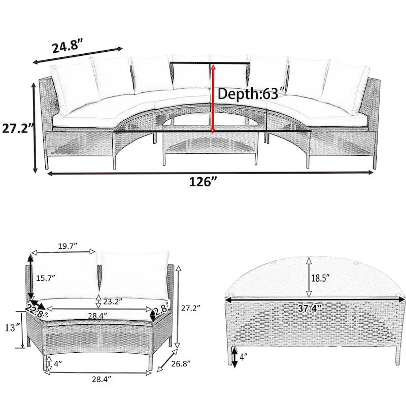 5-Pieces All-Weather PE Rattan Wicker Half-Moon Sofa Set