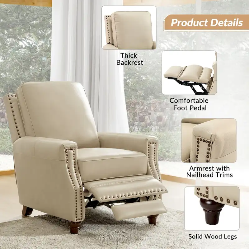 Cigar Mid-century Modern Genuine Leather Recliner with Nailhead Trim Set of 2 by HULALA HOME