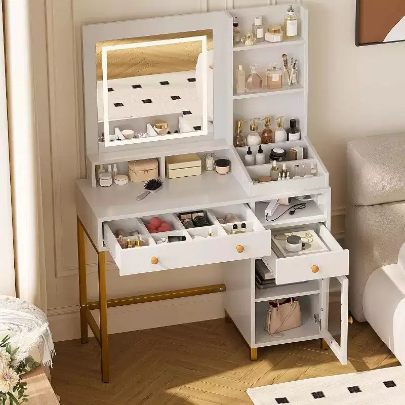 Makeup Vanity Desk with 3 Color Led Light, Makeup Vanity with Large Mirror and Power Outlet, Dressing Table with 2 Drawers White 55.9H
