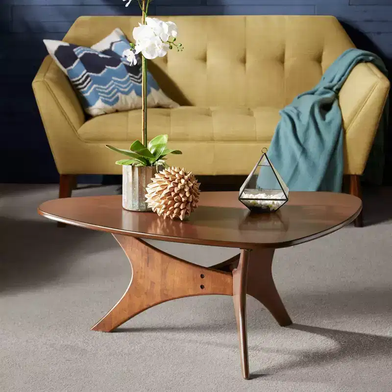 Triangle Wood Coffee Table Pecan Mid-Century Unique Base Living Room