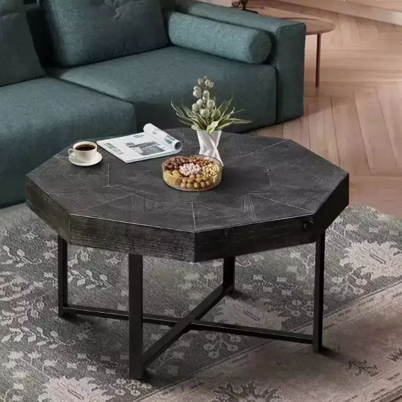 29.1 in Vintage Octagonal Coffee Table with Steel Crisscross Base, 30 in Cocktail Table for Living Room