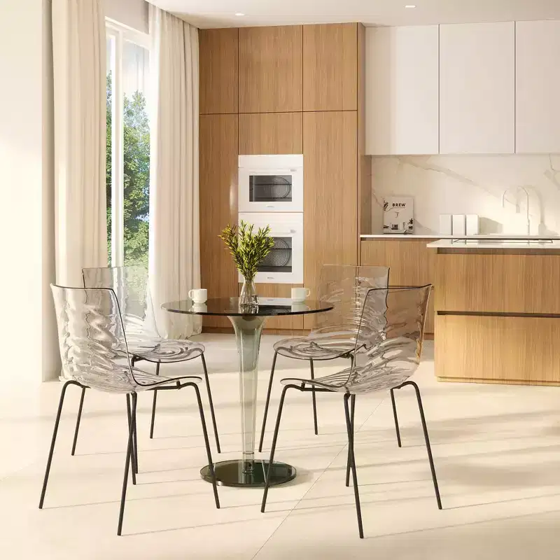LeisureMod Astor Plastic Dining Chairs Set of 4  Water Ripple Design with Black Stainless Steel Legs, Modern Accent Chairs for Kitchen, Dining Room