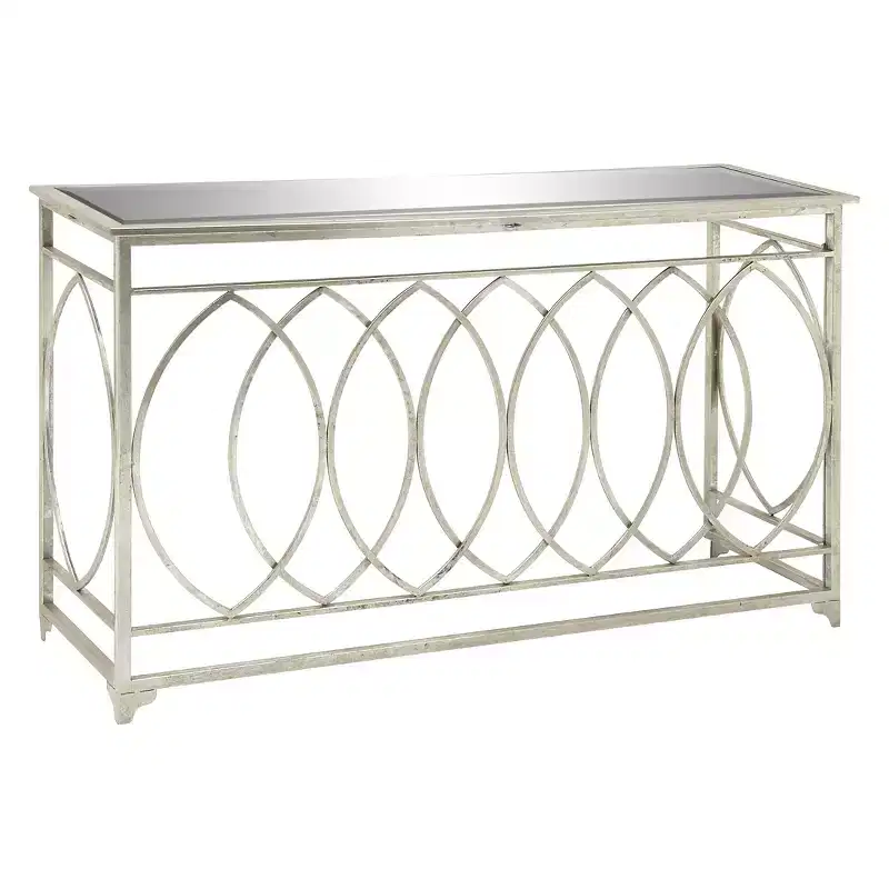 Silver Mirrored Console Table with Iron Trellis Base, 1-Person Assembly