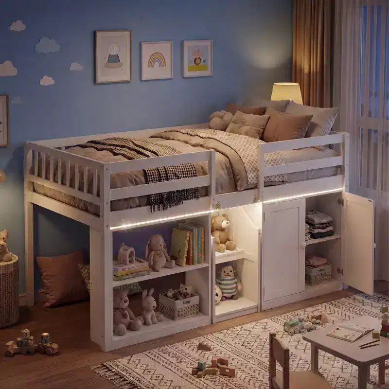 Twin Low Loft Bed with LED Light, Stairs & Guardrails, Modern Pine Wood Kids Bed, White/Mint/Gray