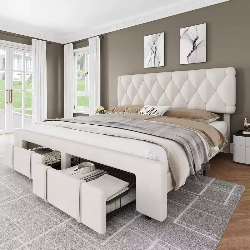 Full/Queen/King Size Upholstered Platform Bed Frame with 2 Storage Drawers, Solid Wood Slats, No Box Spring Needed, Noise-Free