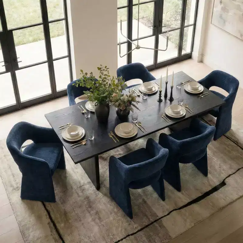 Set of 6 Upholstered Dining Chairs with Wraparound Arms – Chenille, Curved Back, 23