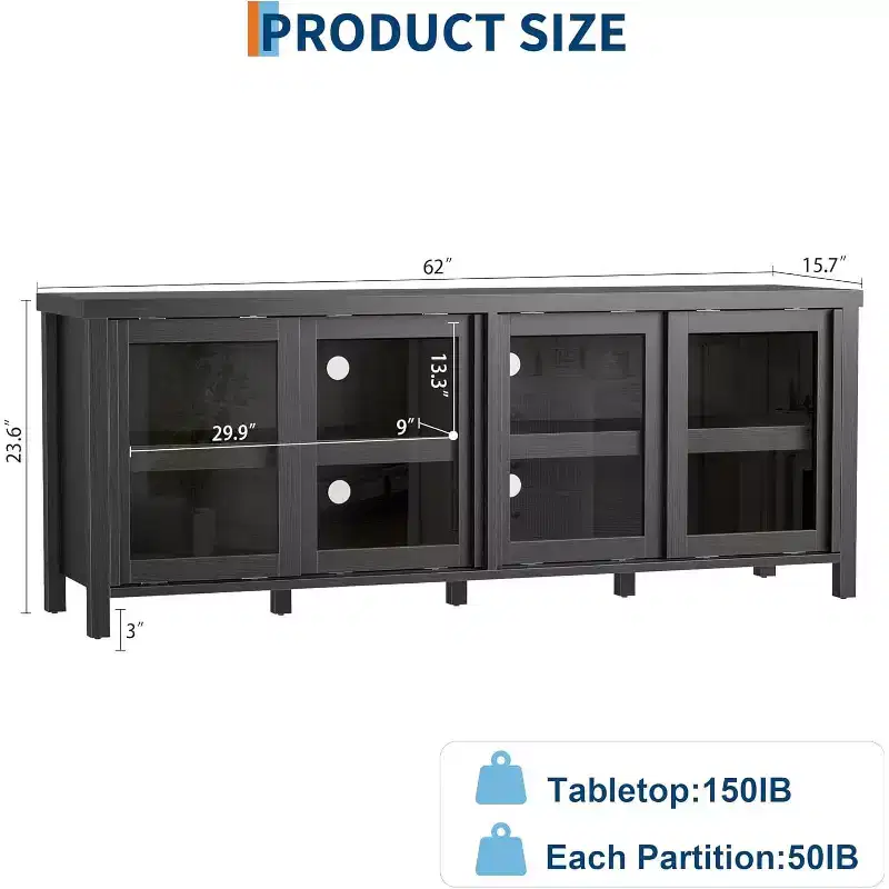COZONY 62x23.6 TV Stand for 65 Inch, Entertainment Center, Modern Media Console with Storage Cabinet, 4 Sliding Glass Doors