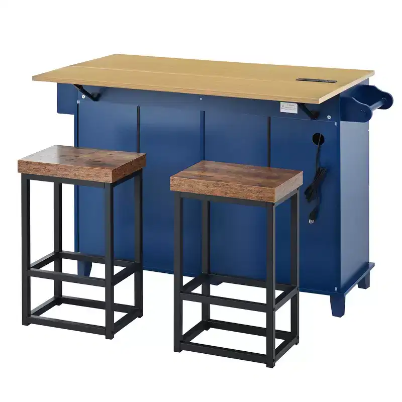 Farmhouse Kitchen Island with Drop Leaf, Drawers, Power Outlet and 2 Seats