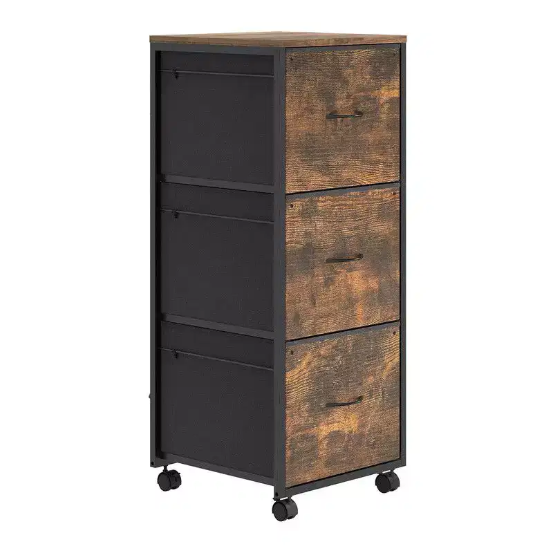 Espresso 3-Drawer File Cabinet with Metal Frame & Wheels – 1 Person