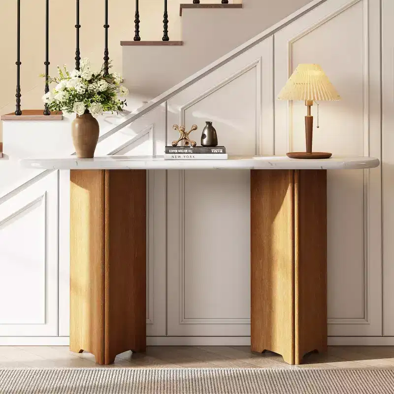 Narrow Console Table with Oval Faux Marble Top & Curved Legs – Natural White