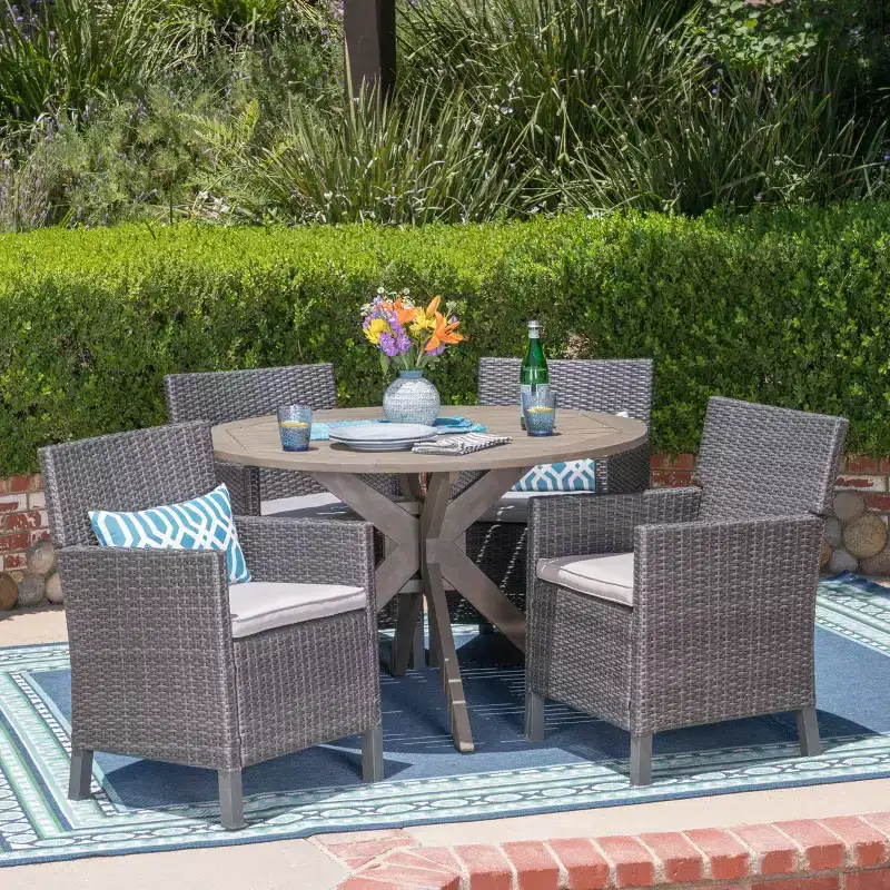 Christopher Knight Home Wes Outdoor Acacia Wood and Wicker 5 Piece Dining Set with Cushion