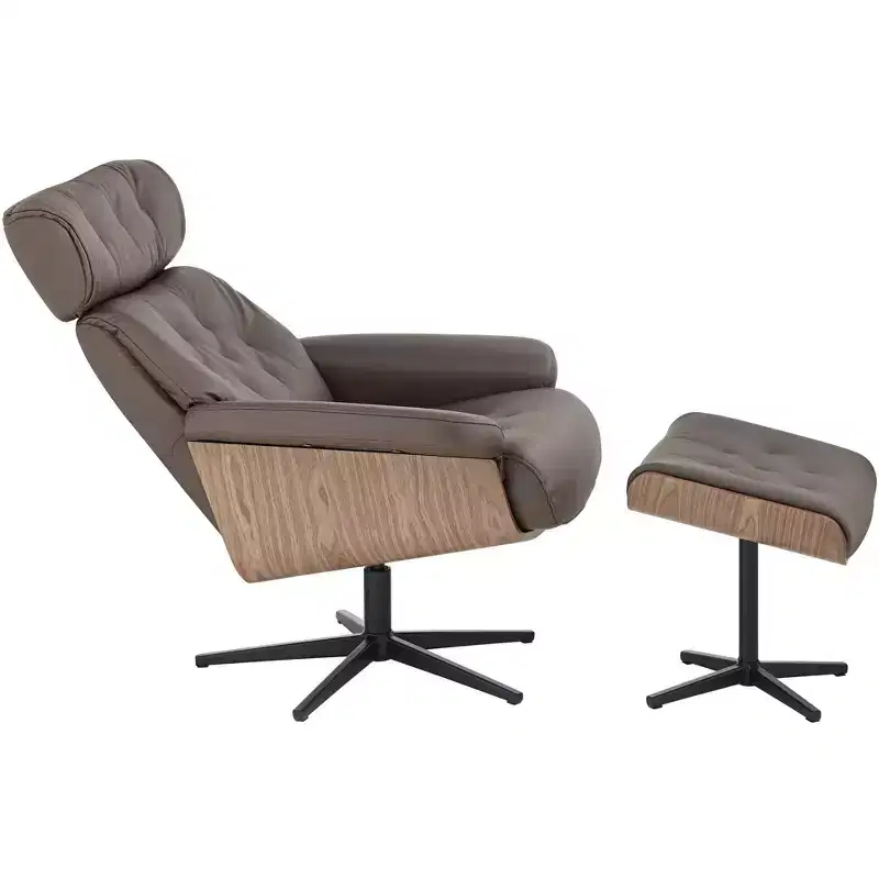 BenchMaster Melia Chocolate Tufted Faux Leather Swivel Recliner and Slanted Ottoman