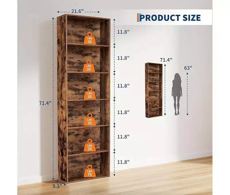 Brown / White 6-Tier Industrial Open Bookshelf, Single-User