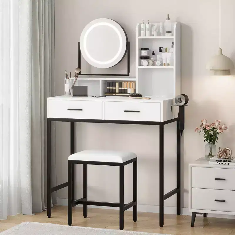 Makeup Vanity Desk with Adjustable Rotating Mirror, 29W Large Dressing Table with 2 Drawers & Stool, Modern Makeup Vanity Table for Bedroom