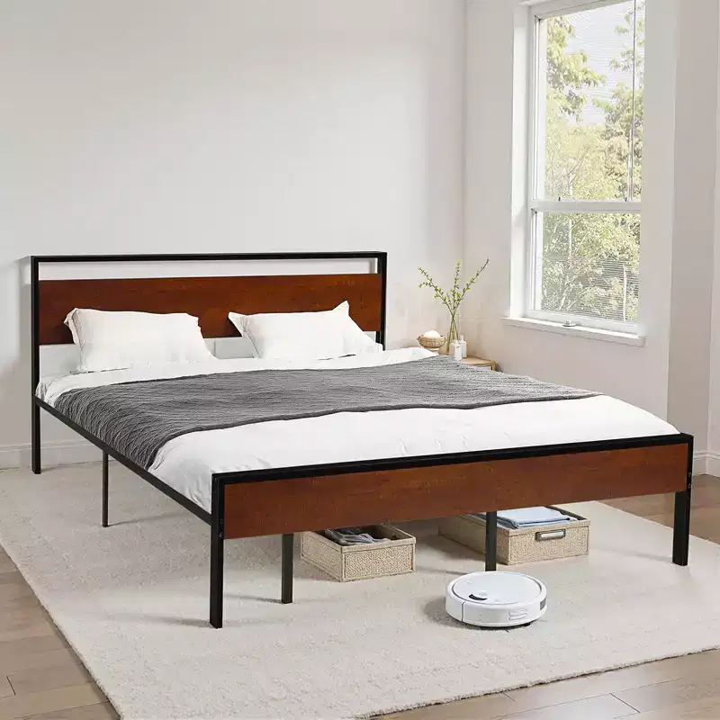 King Size Metal Platform Bed Frame with Vintage Wood Headboard & Footboard - 14