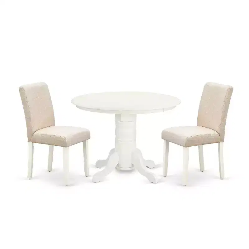 Round Dining Table Set 3pc - 42 Inch Table & 2 Parsons Chairs - Linen White Legs - Light Beige Fabric