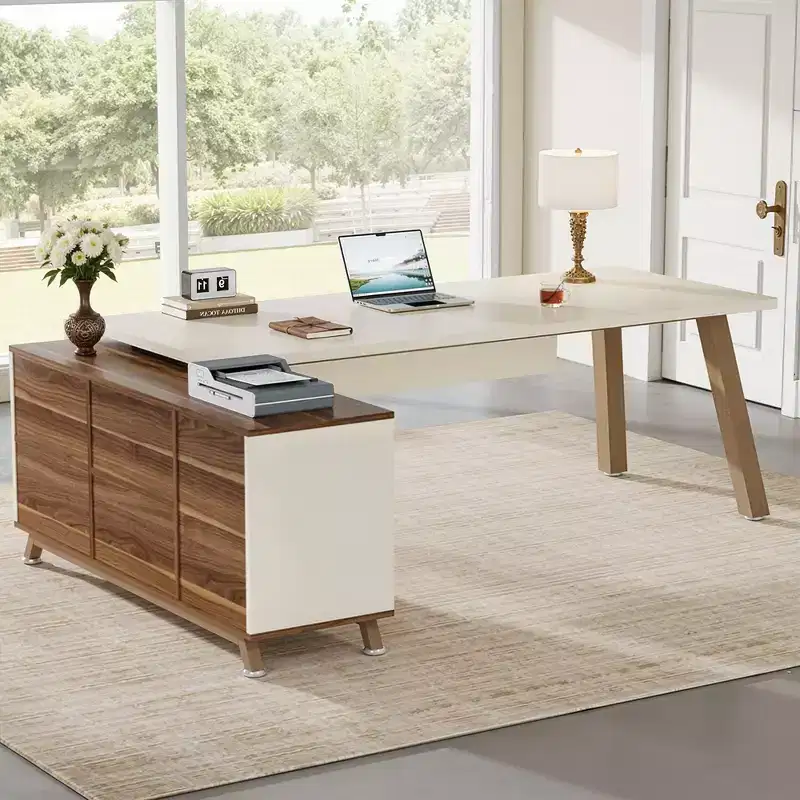 71x55 Industrial L-Shaped Desk, E0 Grade Board, Scratch Resistant, 2 Drawers & 4 Shelves