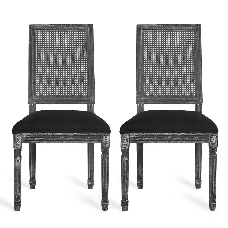 Okak Vintage French Country Upholstered Dining Chairs with Cane Back,Rustic Weathered Kitchen Chairs Set of 2,Living Room Chairs