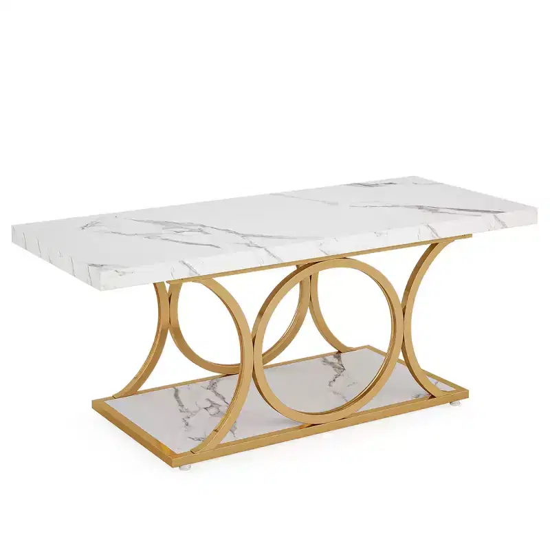 2-Tier Modern Coffee Table – White Faux Marble Top & Gold Metal Legs, 47