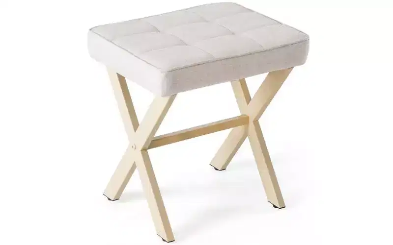 TUYOHW Square Linen Stool,Small Ottoman Stool Chair with Metal X-Legs,Soft Cushion Seat,Ottoman for Living Room,Bedroom,Narrow Spaces