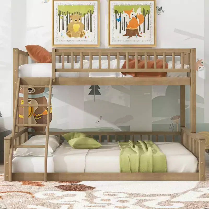 Twin XL Size Wood Bed With Guardrail, Ladder, Easy Assembly