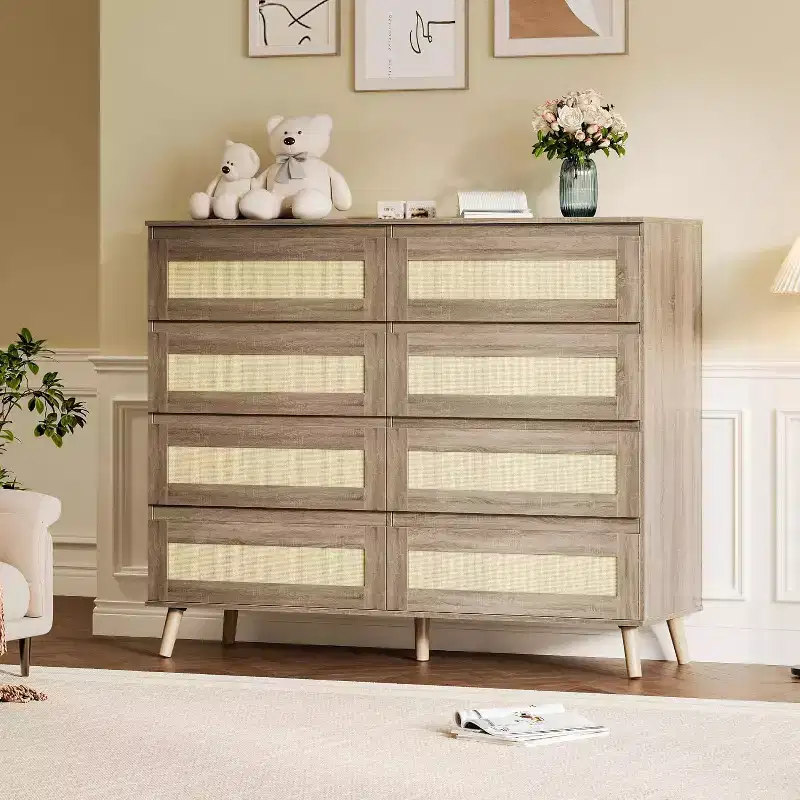 8-Drawer Rattan Dresser, Natural Finish Wooden Storage Cabinet
