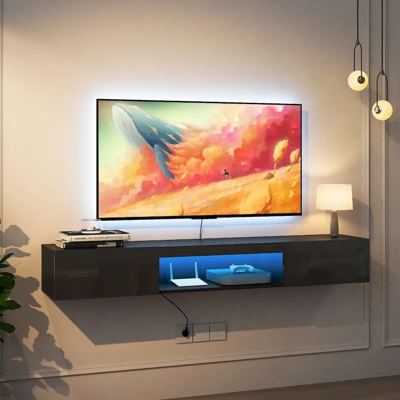 Floating TV Stand Wall Mounted with 20 Color LEDs for 55 60 65 Inch TV