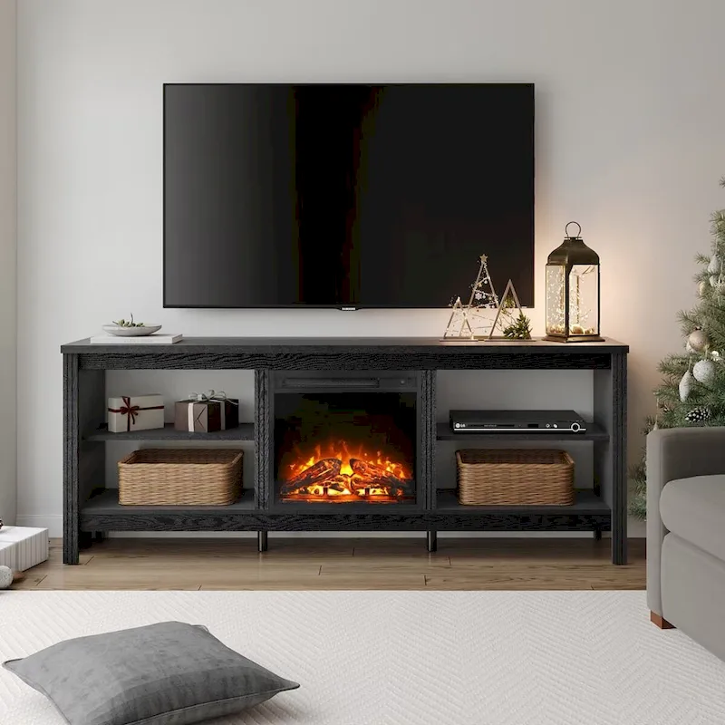 Wood Fireplace TV Stand for 75 Inch TV Entertainment Center, 70 Inch