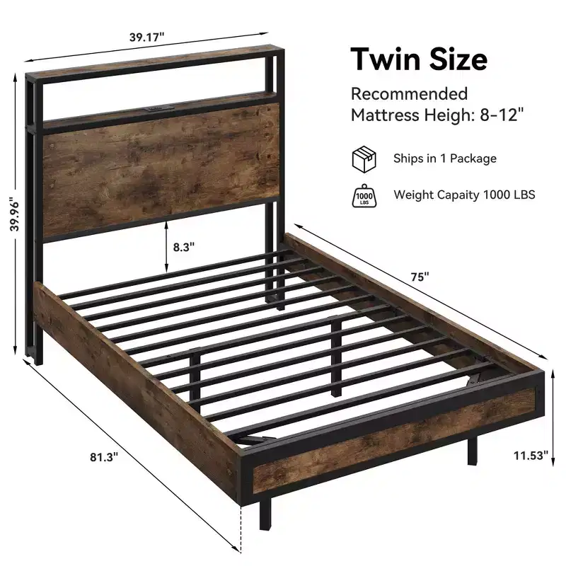 Sailvan Bed Frame with Headboard, Platform Bed Frame with Storage Shelves,Metal Slats, Brown