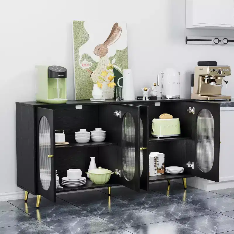 JVNOXK 60-inch Modern Decorative Sideboard, Acrylic Door Panels, Partitioned Storage Design Freestanding Kitchen Storage Cabinet, Black