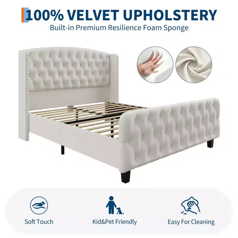 GustoWave Velvet Upholstered Platform Bed Frame, with Deep Button Tufted Wingback Headboard