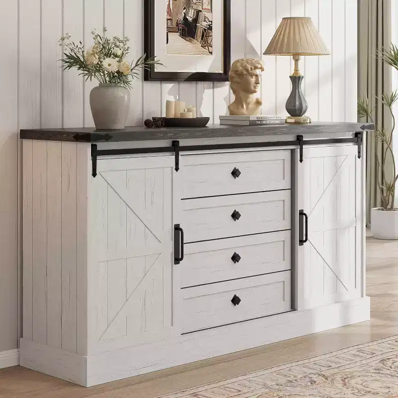 Farmhouse 4 Drawer Dresser, 59 Wood Dressers with Sliding Barn Doors, TV Stand with Drawers & Bar Handles, Chests of Drawers for Living Room, Bedroom