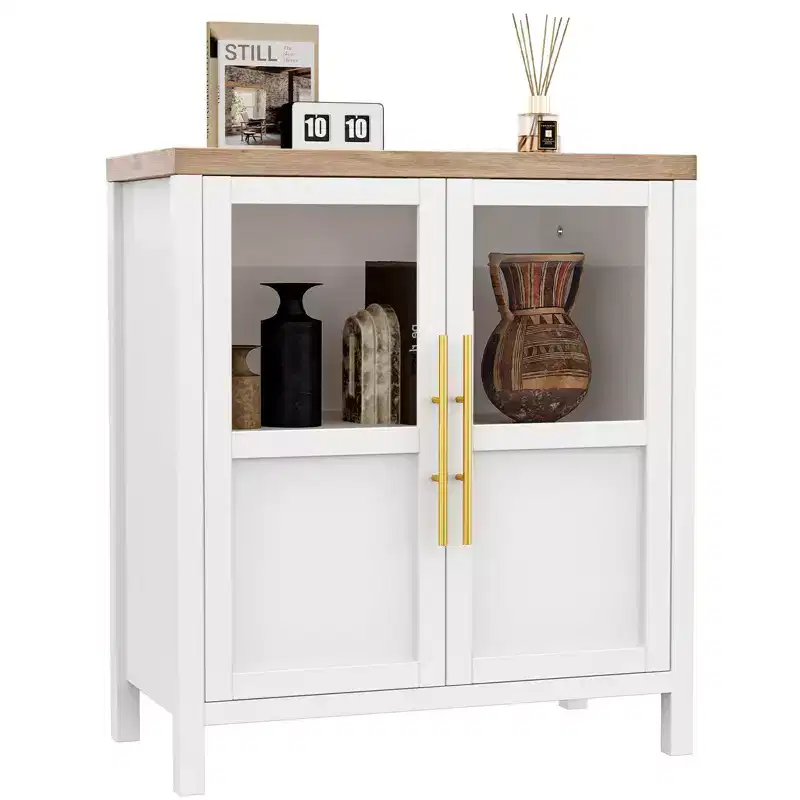 Sideboard Buffet Cabinet with 2 Glass Doors - 29 Inch Large Storage Cabinet, Modern Farmhouse Style, Suitable for Kitchen Dining Room and Living Room