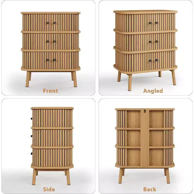 Mid-Century Wicker 3-Drawer Dresser, Natural Chest with Black Handles & Tapered Wood Legs