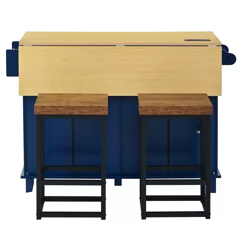 Farmhouse Kitchen Island with Drop Leaf, Drawers, Power Outlet and 2 Seats