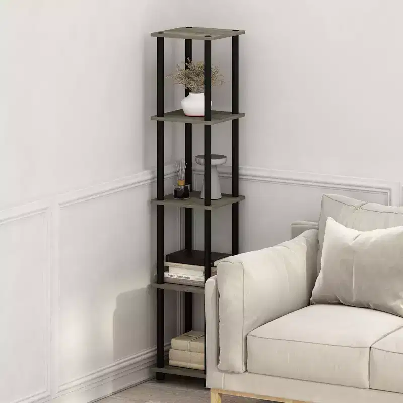 Furinno 5-Tier Corner Square Bookshelf Anti-Tipping Display Rack Shelf for Bathroom&Closet&Home Office&Living Room&Kitchen,French Oak/Black