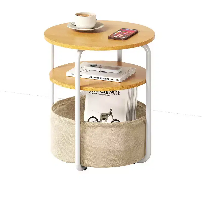 3-Tier Round End Table with Removable Fabric Storage Basket, Sturdy Iron Frame, Easy Assembly, Compact Workstation for Living Room Bedroom