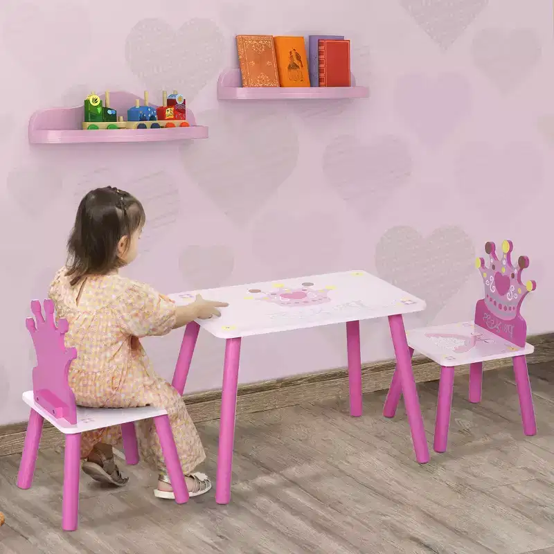 Qaba 3-Piece Kids Wooden Table and Chair Set with Crown Pattern Toddlers Arts Reading Writing Age 2-4 Years Pink