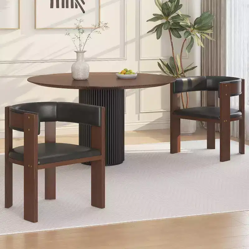 Modern PU Leather Upholstered Kitchen Chairs Set of 2 with Accent Curved Backrest and Rubber Wood Frame, for KitchenDining Room or Living Room