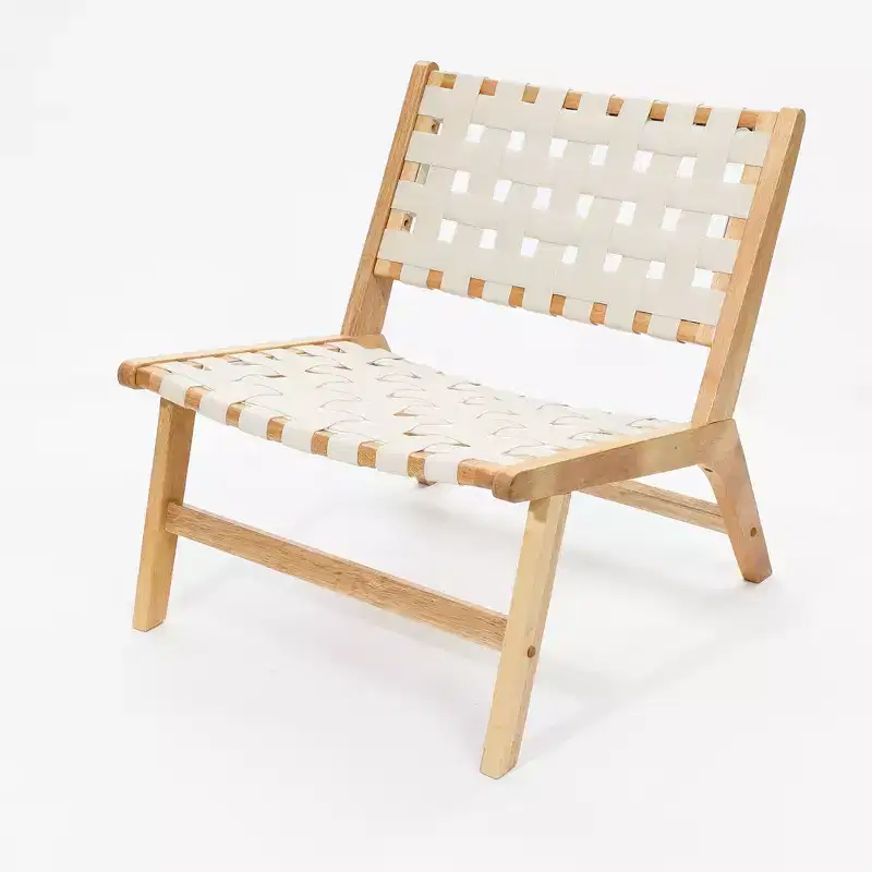 LuxenHome Natural Rubberwood with White PU Leather Low Profile Armless Accent Chair, Set of 2