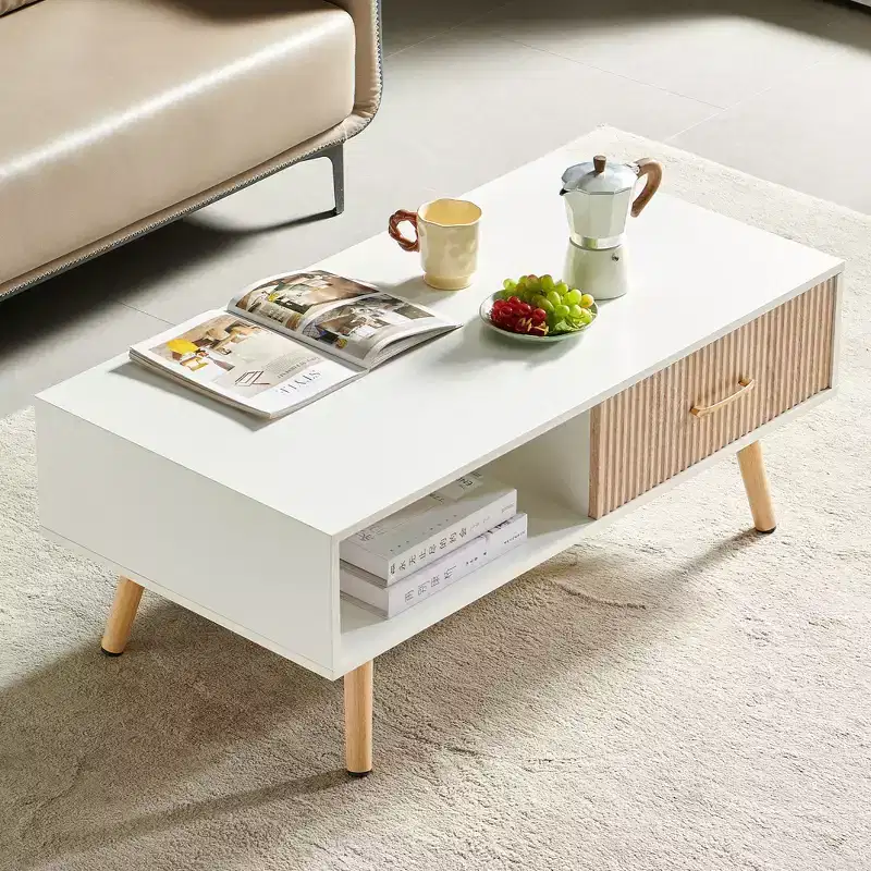 Rectangle Coffee Table with Solid Wood Legs, Sliding Drawer for Storage, Modern Table , White