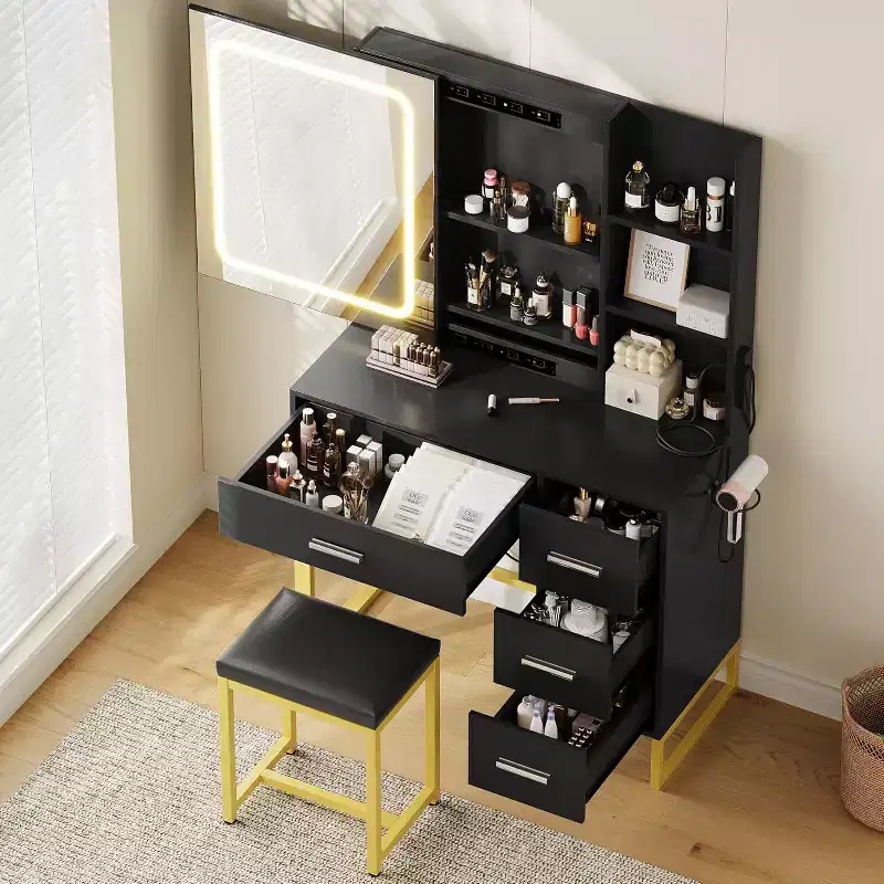 Makeup Table with Mirror & Lights, Makeup Vanity Desk, 3 Color Modes, with Power Outlet, Modern Vanity Table