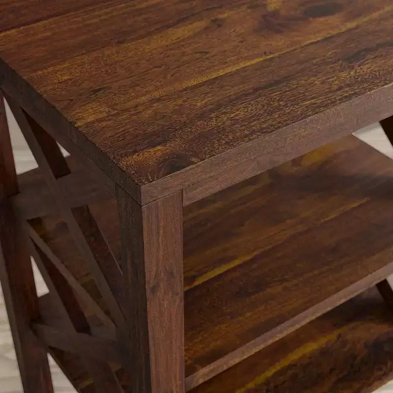 Jofran, Global Archive Solid Wood Rustic Modern X-Side Accent Table with Two Shelves, Red