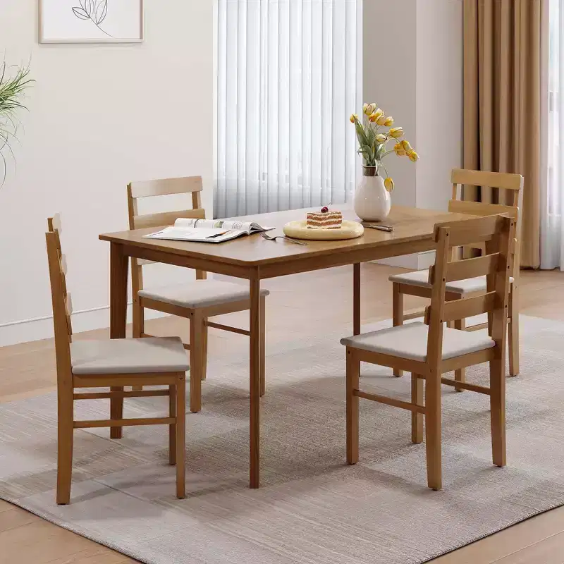 MAYEERTY 5-Piece Solid Wood Dining Table and Chair Set, Original Wood Color Rectangle Table with 4 Back Chairs