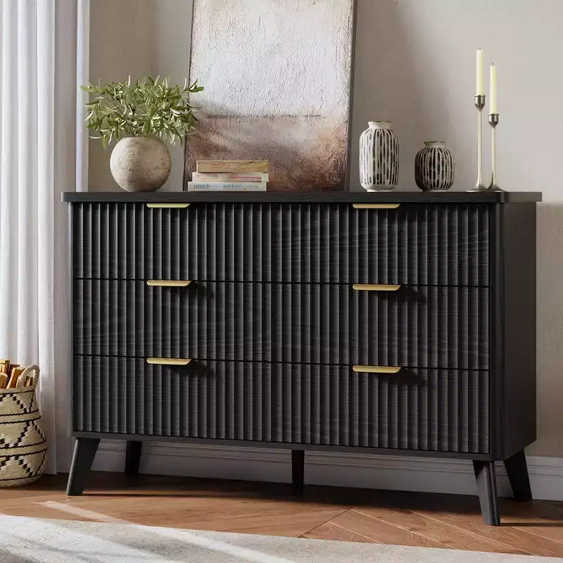 Fluted 6-Drawer Dresser, Wave Design Storage Cabinet with Particle Board and MDF Construction